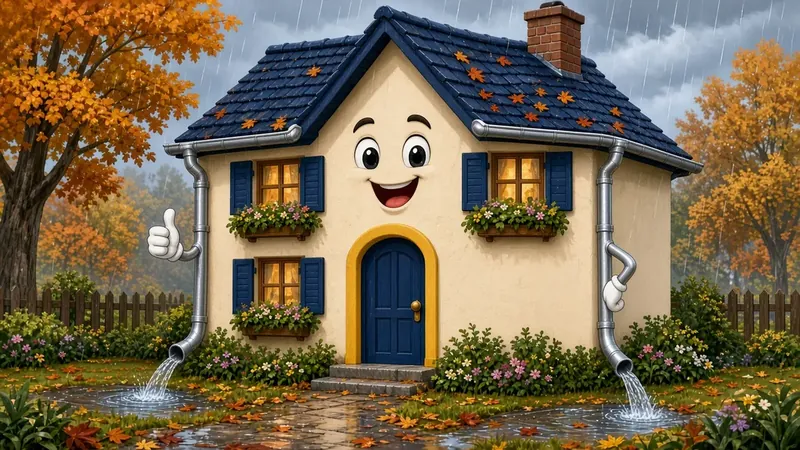 Cartoon house smiling in the rain with clean clear gutters