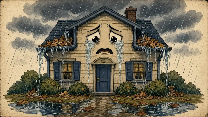 Cartoon house crying in the rain with clogged overflowing gutters