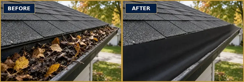 Before and after: the same gutter photo, full of wet leaves on the left and cleared on the right