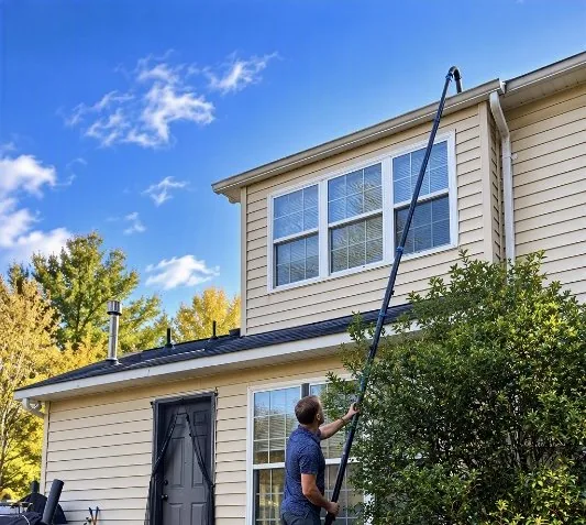 Dreher Home Care technician cleaning second-story gutters from the ground with an extended pole